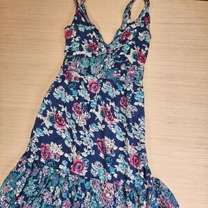Boho Floral Summer Maxi Dress Womens UK 6 Blue Cotton Tiered Warehouse Cottage